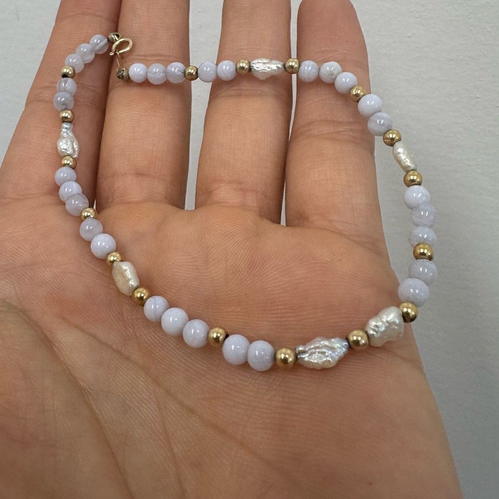 14K Blue Lace Agate, Gold Beads & Pearls Bracelet 8.5” 14KT Vintage